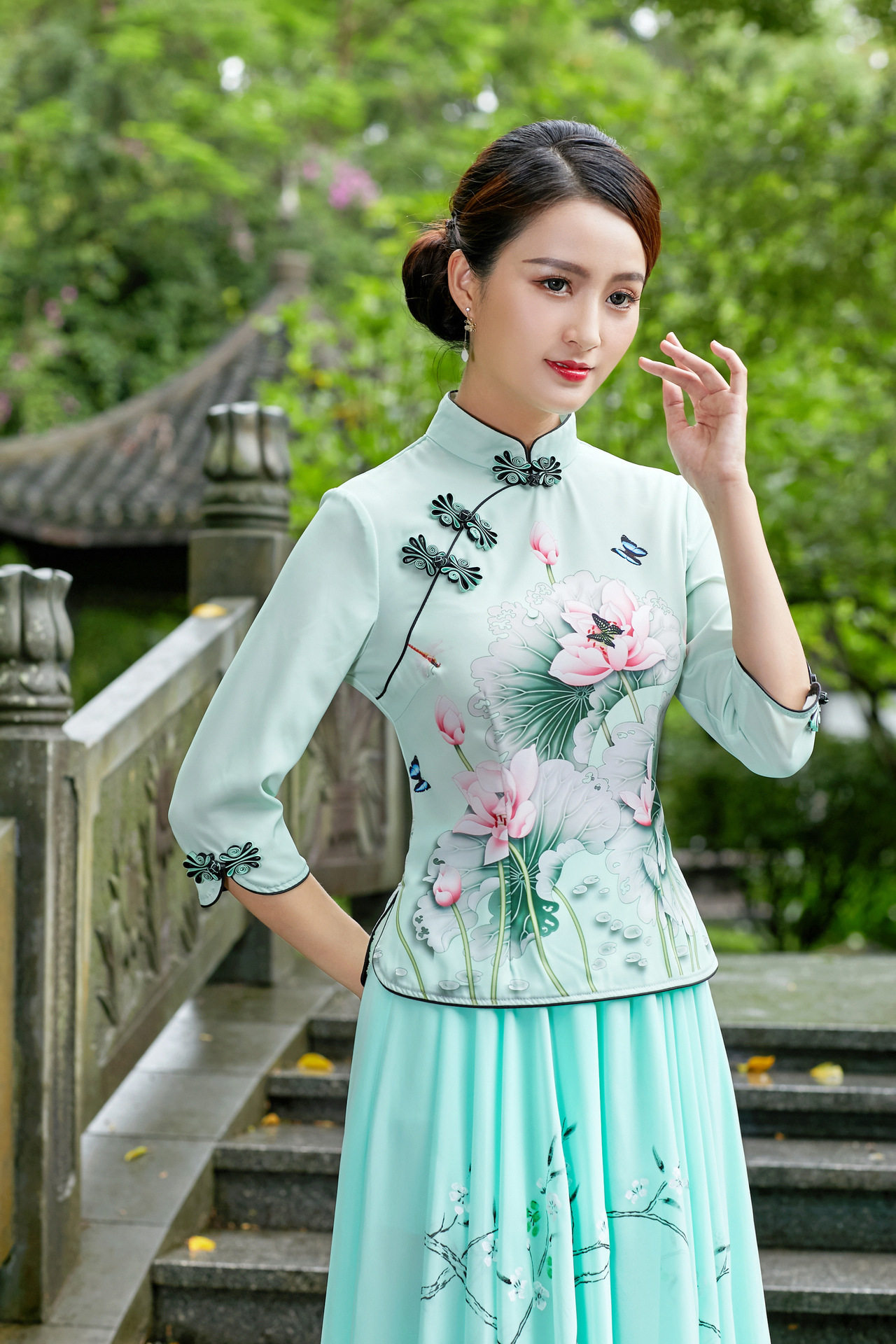 春夏旗袍改良版上衣印花两件套中国民族风文艺复古唐装中式汉茶服