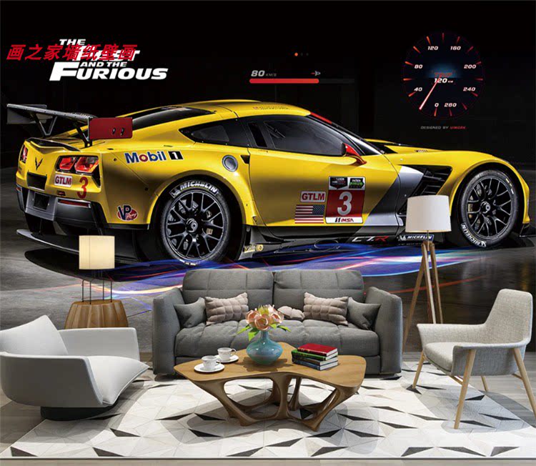 3d个性汽车破墙壁纸名车美容 改装4s店维修背景墙工业风网咖壁画