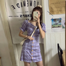 French first love skirt 2020 new retro lattice dress purple dress female summer temperament waist thin skirt