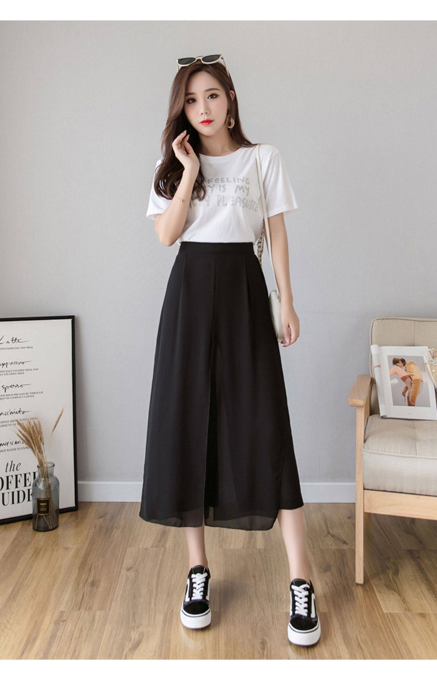 裤裙2019新款时尚阔腿裤女高腰垂感夏季半身显瘦雪纺洋气坠感冰丝_券