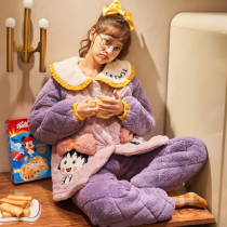 Coral Suede Pajamas Lady Autumn winter three-layer clip cotton padded jacket thickened with velvety warm new girl Home Residence Suit Suit