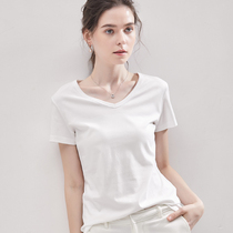 2021 summer new mercerized cotton pure cotton white t-shirt womens short-sleeved womens V-neck slim slim round neck base shirt