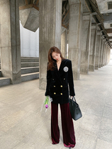 2020 autumn and spring long houndstooth black velvet wool coat feminine temperament suit new loose jacket