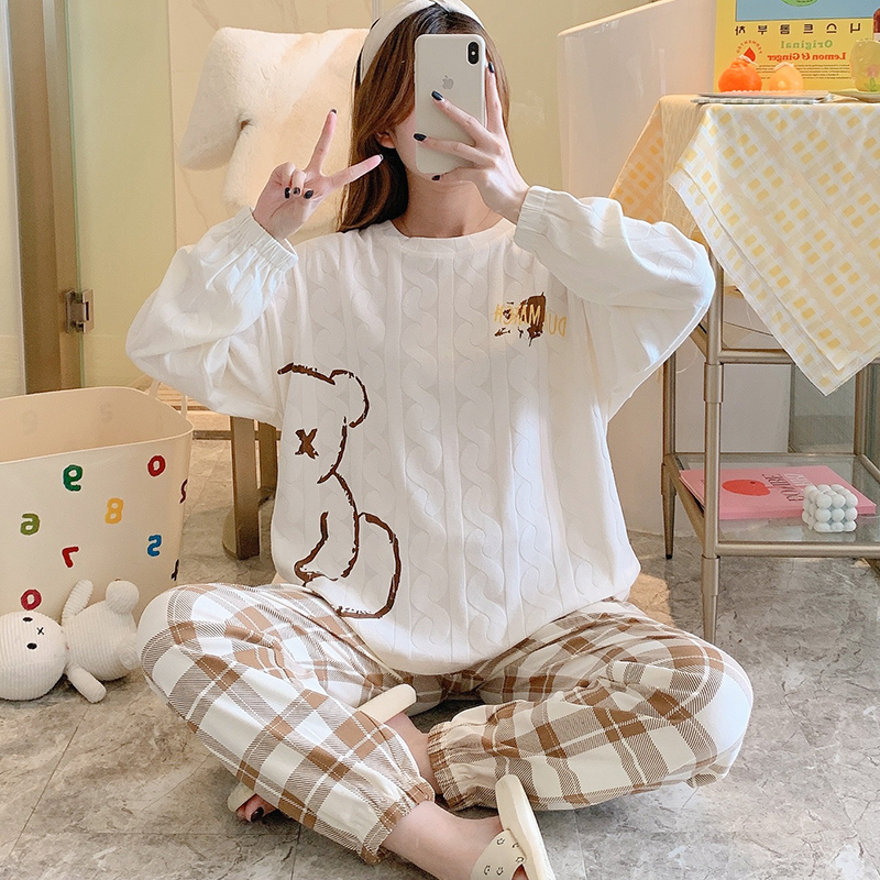 Sleepwear Women's autumn season 2022 New pure cotton spring autumn season long sleeve head checkered jacquard Home Exterior Wear-Taobao