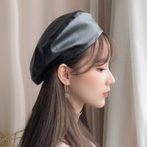 Rosex Tangk Hat Women's Fall Winter Hong Kong Style Joker Leisure PU Leather Beret Tide Retro British Painter Hat