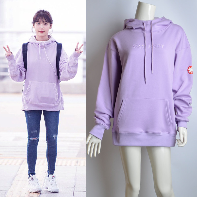 韩国iu李智恩同款马卡龙紫色宽松长袖加绒加厚连帽卫衣外套学生女