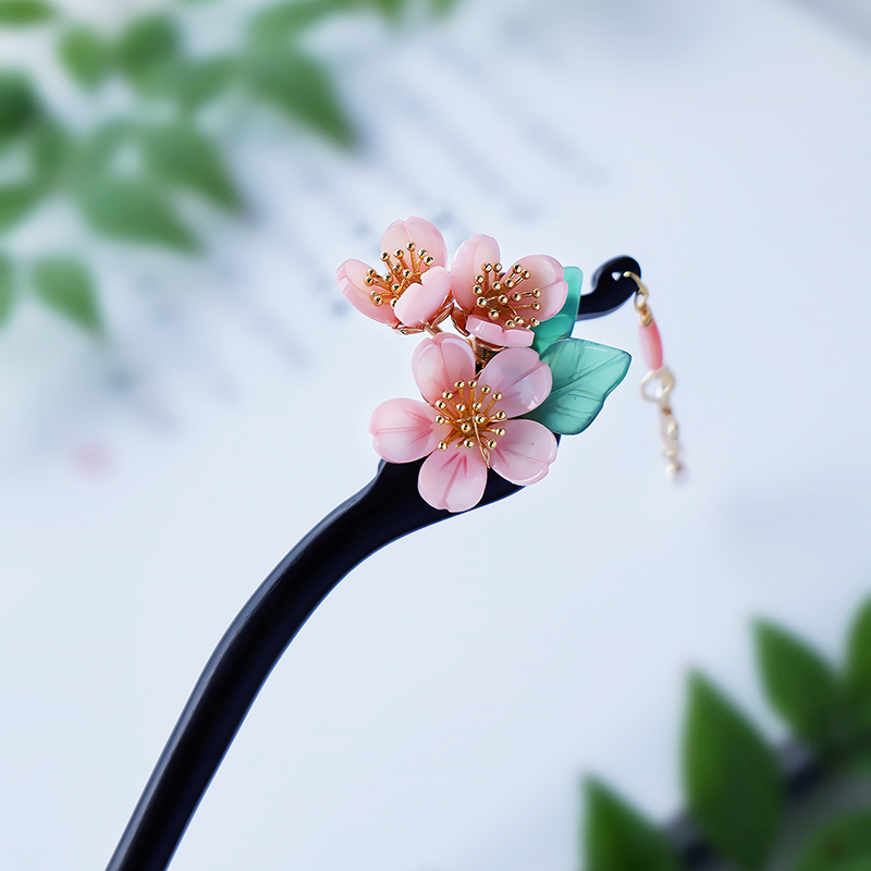天然贝壳花黑檀木古风发簪新中式国风盘发簪子简约现代流苏发钗女