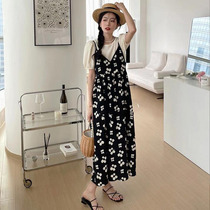 Maternity skirt Summer minced flowers and fashion two sets of short-sleeved pregnant women's summer dress large-yard hanging suit