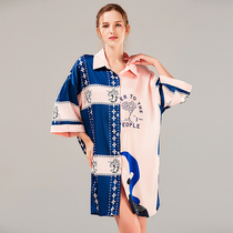 Ice silk satin pajama skirt womens summer thin cardigan fashion printed shirt can be worn outside large size loose home clothes