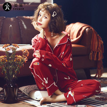 Sleepwear Woman 2021 New Spring Autumn Season Pure Cotton Long Sleeve Lady Red this year can be worn outside the Home Suits Suit