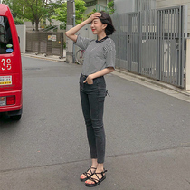 Smoky gray jeans womens eight-point pants 2021 new summer tight and thin high-waisted small feet nine-point pants