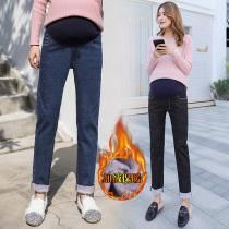 Autumn and winter plus velvet maternity pants New 2021 belly pregnancy belly jeans thickened fashion slim straight tube