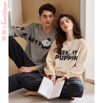 Cure Little White Dog Joint Name Dream Spring and Autumn Couple Pajamas Women Full Cotton Long Sleeve Round Neck Set Mens Home Clothes