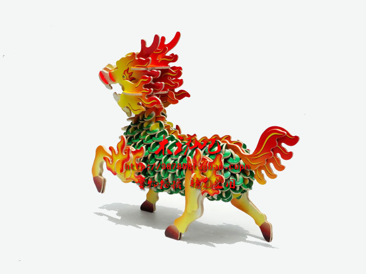 四联新款彩色木制仿真彩色麒麟模型益智玩具diy 3d立体拼图