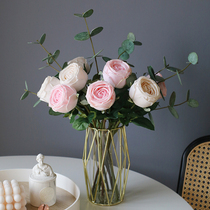 Light luxury high simulation flower wet feel rose bouquet fake flower living room table flower decorative flower ornament set