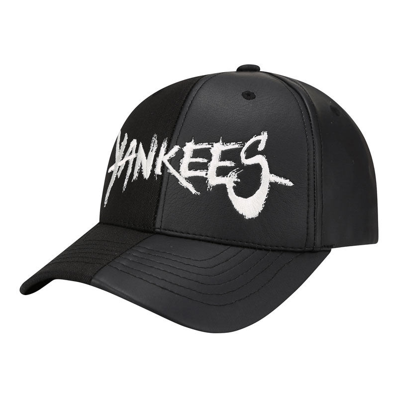 韩国mlb棒球帽白字yankees人革拼接个性帽时尚帽嘻哈帽