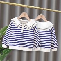 Childrens clothes 2021 Autumn New Korean version of female baby Navy style coat boys casual stripes t-shirt tide