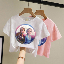Girl T-shirt 2021 summer dress new female baby ice snow and red edge sequin jacket kid Foreign color changing base shirt