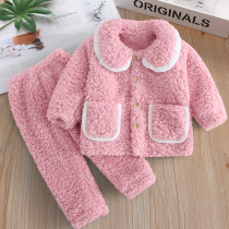 Childrens home clothing 2020 winter New Baby plus velvet padded flannel pajamas set kids warm home