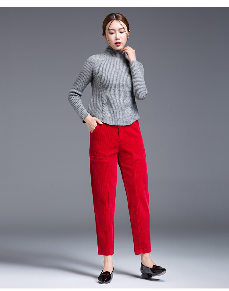 红色灯芯绒裤子女萝卜裤春2019新款韩版宽松条绒裤哈伦裤女九分裤_淘