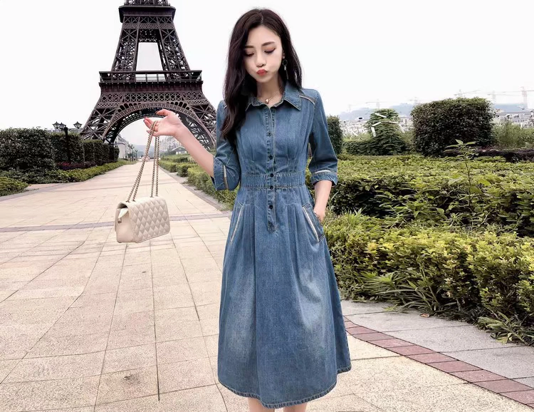 Mùa xuân và mùa thu giữa mùa xuân năm 2021 nữ mới Hàn Quốc giản dị eo cao eo cao váy denim ba phần tư tay áo - Váy eo cao