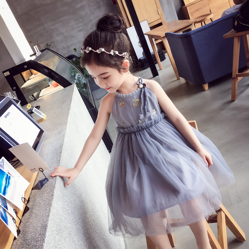 女童连衣裙 2018新款夏装儿童公主裙挂脖露肩吊带裙 洋气网纱裙子