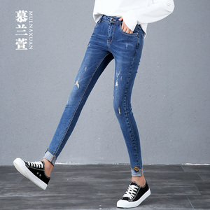 破洞牛仔裤女九分裤显瘦高腰黑色弹力紧身裤学生高腰弹力小脚裤秋