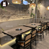Nordic barbecue hot pot restaurant rock plate dining table round table long table Southeast Asian cafe milk tea shop wrought iron rattan tables and chairs