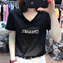 South Korea 2021 summer new short-sleeved T-shirt womens V-neck letters heavy industry hot diamond slim-fit half-sleeve T-shirt top tide