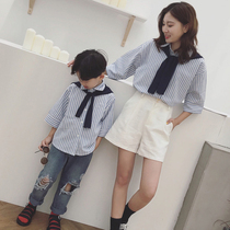 Foreign style parent-child striped shirt 2021 summer mother and daughter mother and son navy collar cardigan thin jacket shirt tide
