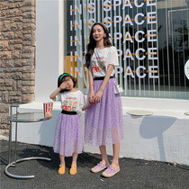 Fried street mother and daughter fashion short-sleeved skirt suit 2021 summer parent-child clothing cartoon T-shirt skirt two sets