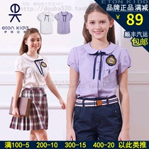 Eaton Ghost British International Girls Ribbon Summer Short Sleeve Shirt Childrens Cute Bubble Sleeve Cotton Shirt