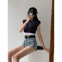 European and American street shooting fake two-piece sleeveless top womens summer loose short sports T-shirt retro thin umbilical vest