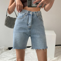 American washed old raw denim shorts womens summer high waist thin five-point pants loose torn edge straight hot pants