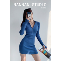European and American Ins Fried Street Hot Girl Wind Sexy Knit Dress Dress Woman Treasure Stone Blue Zipper Dressing long sleeves Hip Short Skirt