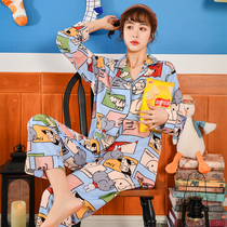 Spring and autumn women cotton silk long sleeve lapel lapel pajamas large size artificial cotton set summer thin cardigan air conditioning suit