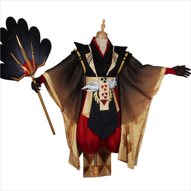 Xiao Wu Piao Piao Onmyoji COS Big Tengu Black Gold Feather Blade cos suit wig mask fan props