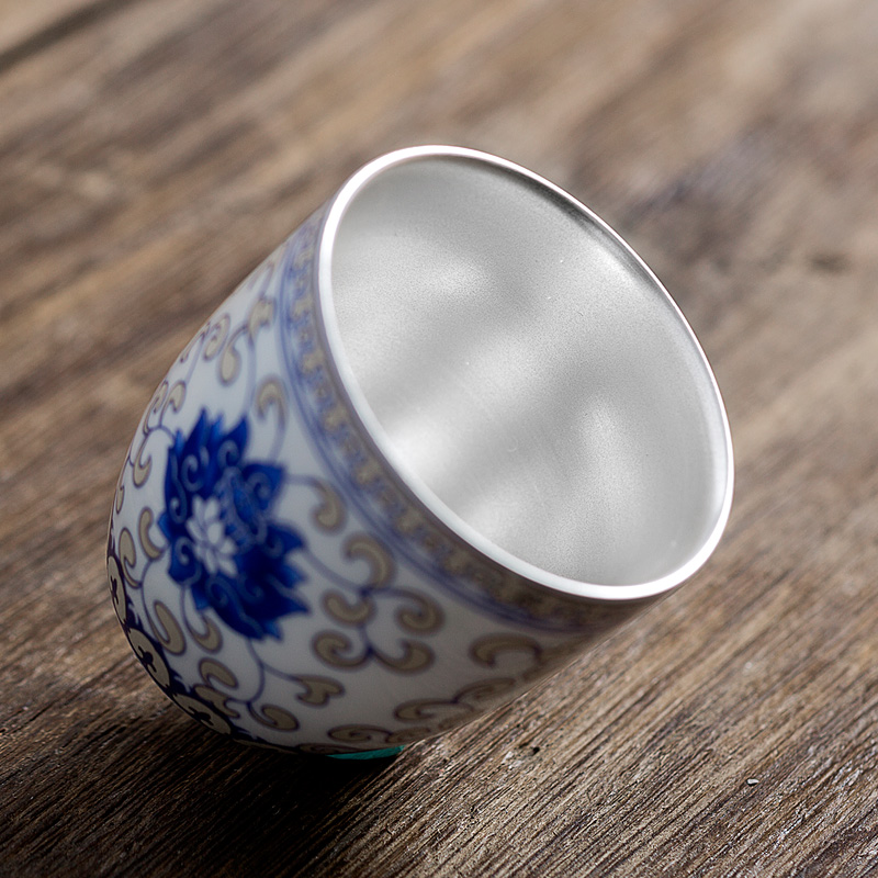 Don difference up kung fu tea tasted silver gilding bladder household of blue and white porcelain tea set sample tea cup silver tea master cup single CPU