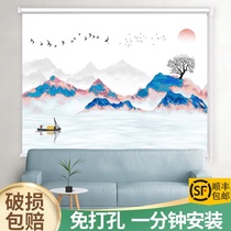 Simple curtain new Chinese landscape landscape Chinese wind roller curtain living room office shading and sunshade without punching installation
