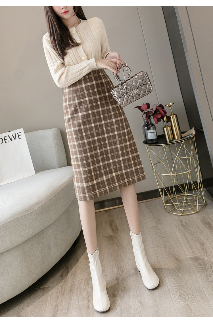 暖青汇半身裙 暖青汇毛呢格子半身裙女秋冬高腰显瘦小个子过膝中长款