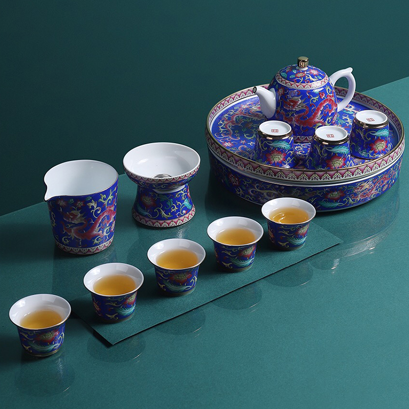 Artisan fairy colored enamel tea set high - grade ceramic household of Chinese style kung fu tea cup tea tray lid bowl