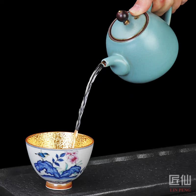 Gold jingdezhen hand - made landscape master cup of pure manual Japanese ceramic kung fu tea set sample tea cup single cup size