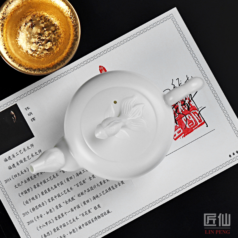 Limited edition ringo Lin master all hand dehua white porcelain teapot kung fu suet jade CiHu single pot of xi shi pot