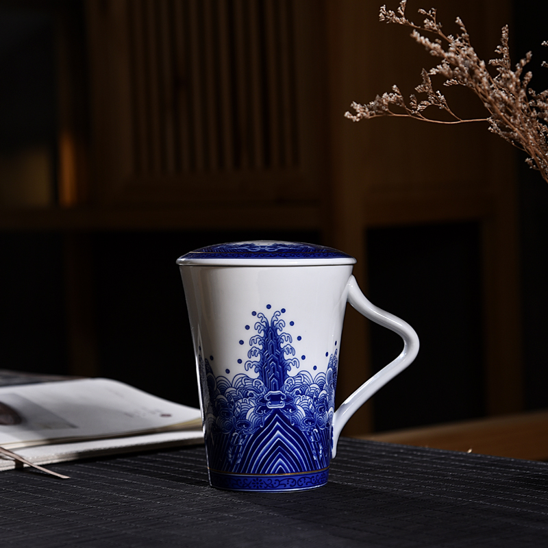 Ancient sheng up new office sea blue and white porcelain cup business ceramic cup with cover large capacity single glass with the cup