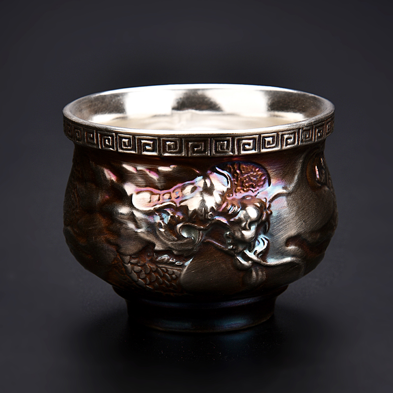 Ancient sheng up coppering. As old silver inlaid with silver TaoCiZhi silver sample tea cup master dragon cup single CPU no personal cup bowl silver light