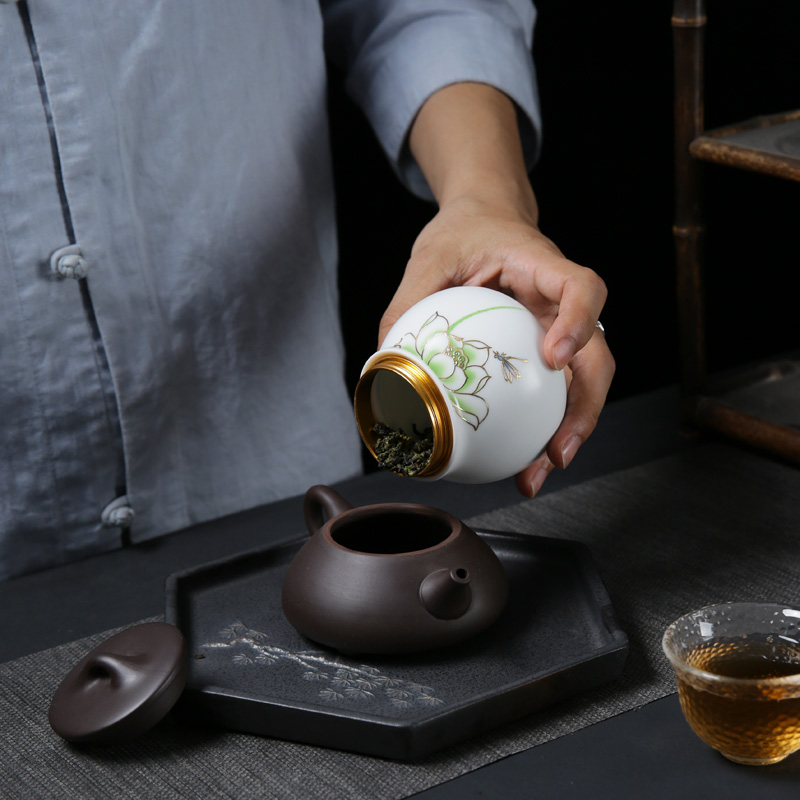 Celadon ceramic tea set portable puer tea caddy fixings household receives storage tanks seal pot large caddy fixings