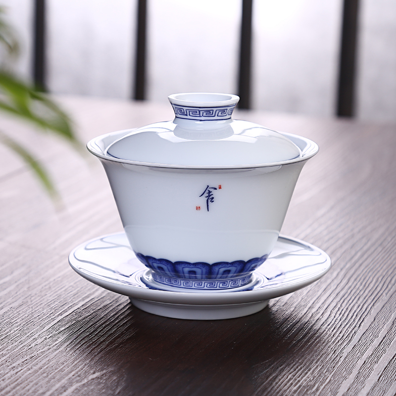 Jingdezhen Tang Yan fang xuan wen tureen of blue and white porcelain ceramic worship three only a cup of sweet white glazed bowl kung fu tea cups