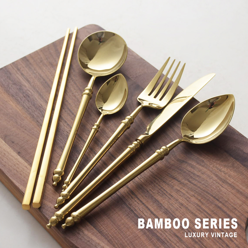 Japanese bamboo concept design gold 304 stainless steel knife and fork spoon, west tableware steak knife and fork spoon, run out of chopsticks