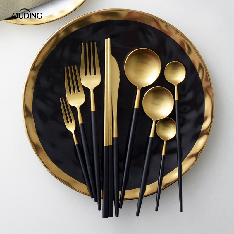 OUDING joker black gold knife and the fork stainless steel knife and fork spoon, west cutlery fork long - handled spoons steak knife and fork spoon