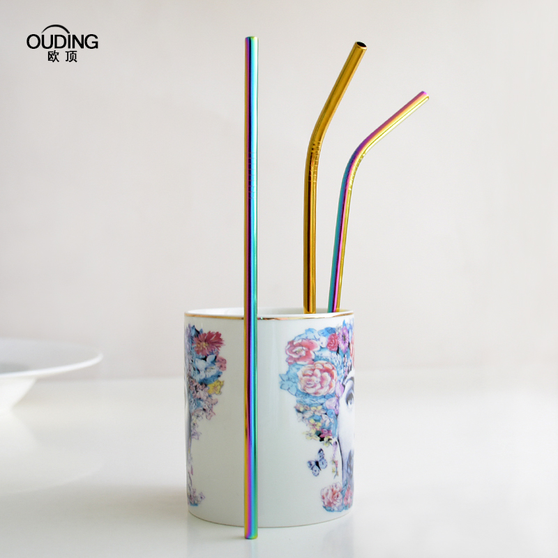 OUDING northern wind stainless steel pipe 304 metal bend glass iron straw green milk tea straw